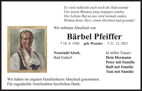 Traueranzeigen von Bärbel Pfeiffer trauer flz de