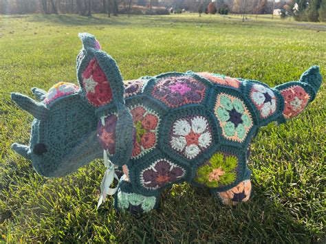 Polly The African Flower Granny Square Crochet Triceratops Etsy