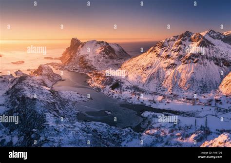 Aerial View Of Beautiful Fjord At Sunset In Lofoten Islands Norway