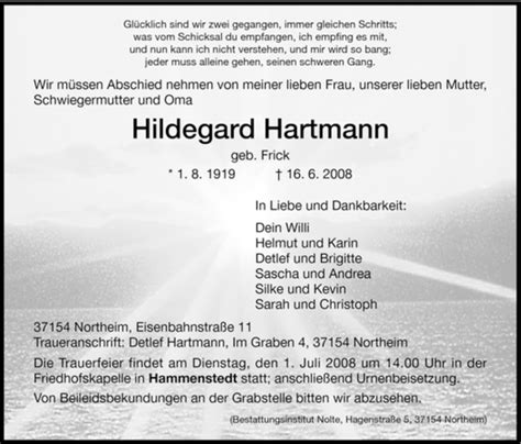 Traueranzeigen Von Hildegard Hartmann Trauerhnade