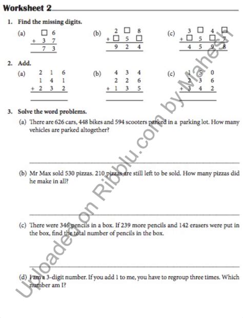 Addition Worksheets For Class 3 Maths