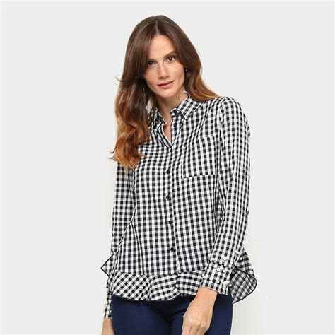 Camisa Xadrez Lily Fashion Barra Babado Feminina Preto Zattini