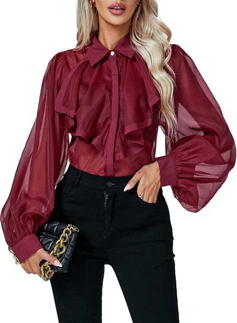 Rooscier Women S Sheer Mesh Collar V Neck Long Sleeve Button Down Sexy