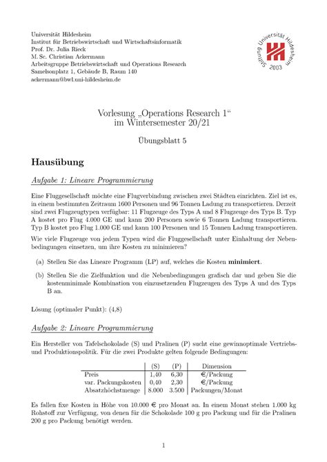 Uebungsblatt 5 Übung Universität Hildesheim Institut für