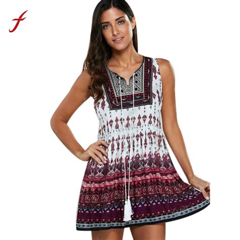 Feitong Bohomian Style Summer Women Dress Sexy Sundresses V Neck Floral