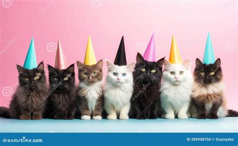 Group Of Seven Kittens Wearing Birthday Party Hats Stock Photography