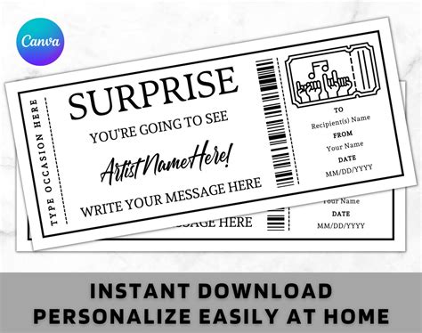 Editable Concert Ticket Template Editable Event Ticket Canva Template Surprise Getaway T