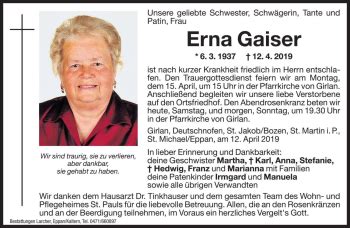 Traueranzeigen Von Erna Gaiser Trauer Bz