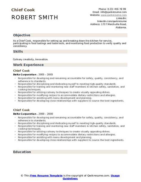 Chief Cook Resume Samples | QwikResume