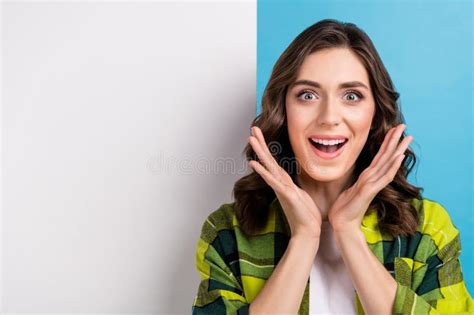 Photo Of Cheerful Impressed Lady Wear Checkered Jacket Arms Cheeks