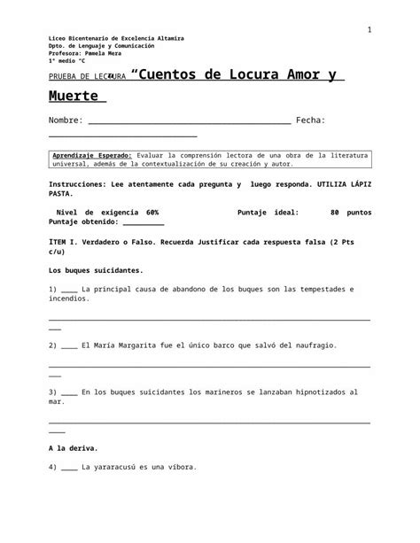 Docx Prueba De Lectura Cuentos De Locura Amor Y Muerte Fila B