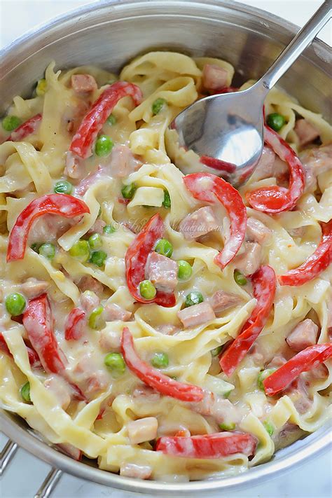 Pasta With Peas Ham And Red Bell Peppers Kitchen Nostalgia