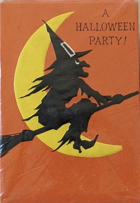 A Halloween Party Card With A Witch On A Broom And The Moon In The