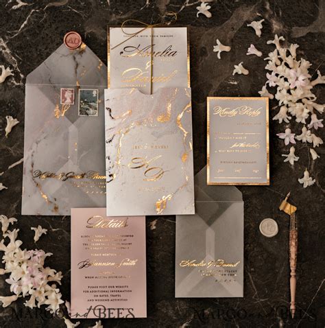 Luxury Gold Marble Wedding Invitations Glamour Golden Shine Wedding