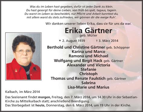 Traueranzeigen von Erika Gärtner trauer36 de