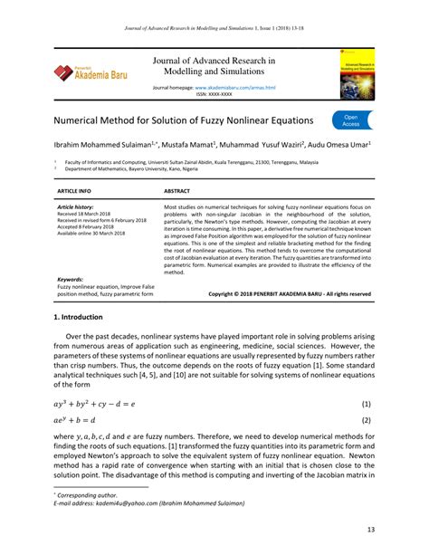 PDF Numerical Method For Solution Of Fuzzy Nonlinear Equations