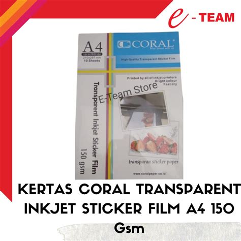 Jual KERTAS CORAL TRANSPARENT INKJET STICKER FILM A4 150GSM Shopee