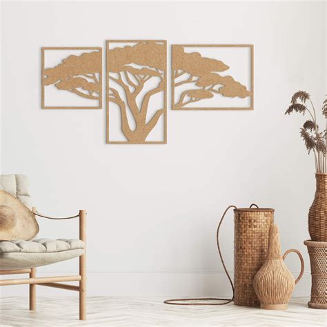 Wanddeko Afrikanischer Baum 3 Teilig MDF Natur Wall Art De