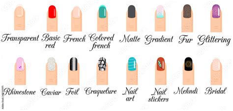 Manicure types. Nail design, nail art vector set. Trendy manicure ...