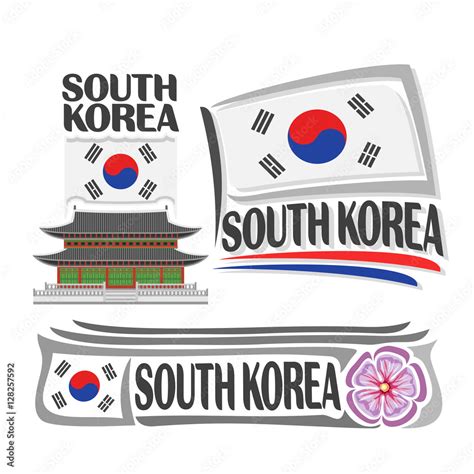 Vector logo South Korea, 3 isolated images: vertical banner gyeongbokgung palace in Seoul on ...