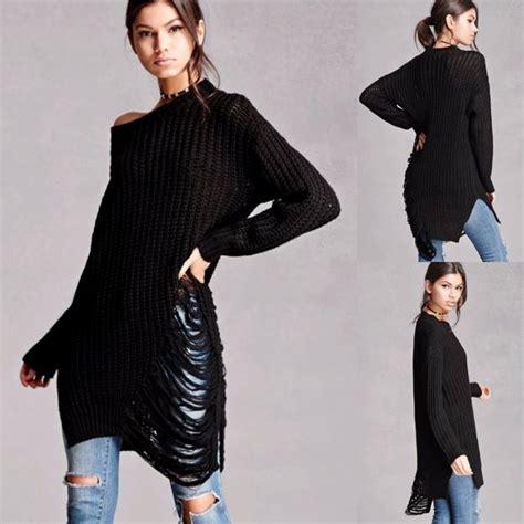 Distressed Frayed Long Black Cable Knit Sweater Black Cable Knit