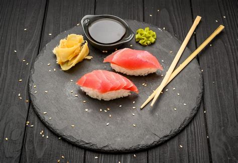 Premium Photo | Two sushi of raw tuna, sushi tuna