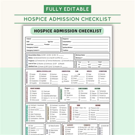 Editable Hospice Admission Checklist For Hospice Nurse Patient Sheet For Hospice Organizer For