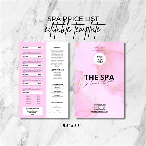 Editable Esthetician Price List Menu Template Day Spa Price List Menu