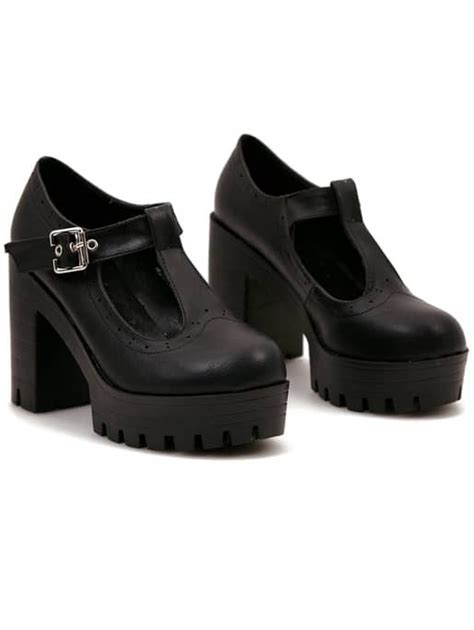 Black Buckle Chunky Block Heel Pumps Shein Sheinside