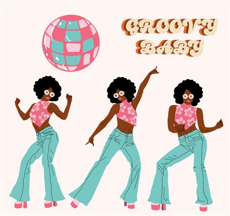 groovy disco ladies dancing graphic elements. 1970s graphics pack ...