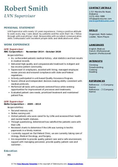 Lvn Supervisor Resume Samples Qwikresume