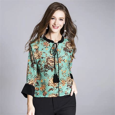 100 Silk Blouse Women Lightweight Fabric Printed Plus O Neck Tassel