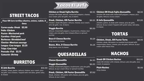 Menu at Tacos el Jefe Taqueria restaurant, Centerville