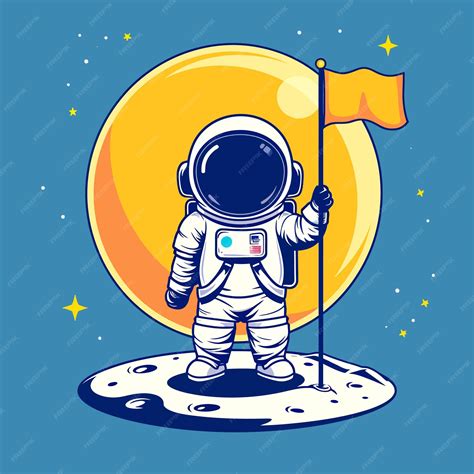 Astronauta De Pie Sosteniendo La Bandera En La Ilustración De La Luna Con Vector Premium De