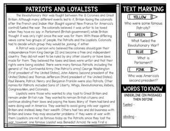 American Revolution Reading Passages And Text Marking