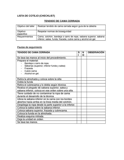 Tendido De Cama Cerrada Lista De Cotejo Checklist Tendido De Cama