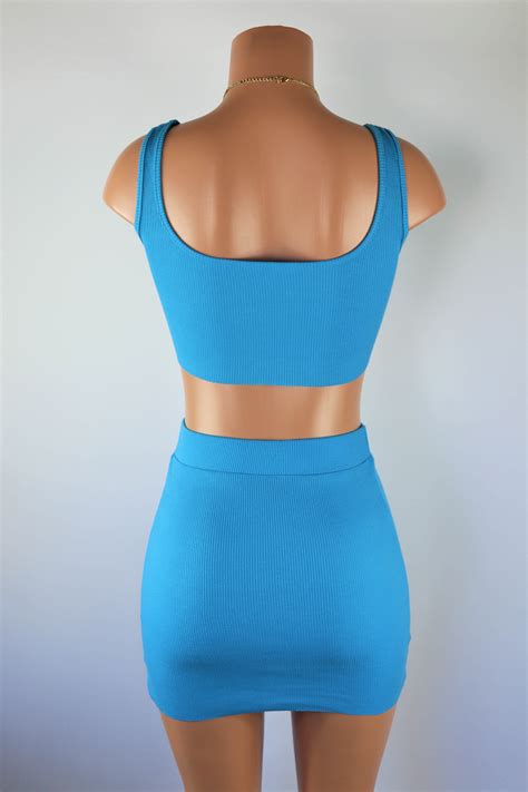 Sky Blue Set Blue Ribbed Crop Top And High Waisted Skirt Set