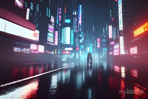 Rainy Foggy Cyberpunk City Neo Tokyo Cinematic Lighting Reflections