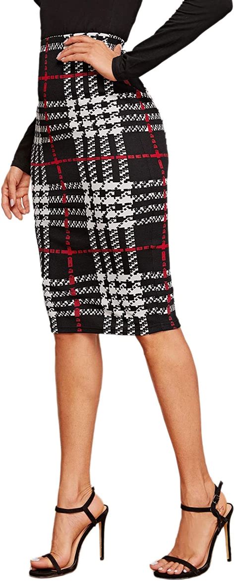 Floerns Womens Plaid Print High Waist Knee Length Bodycon