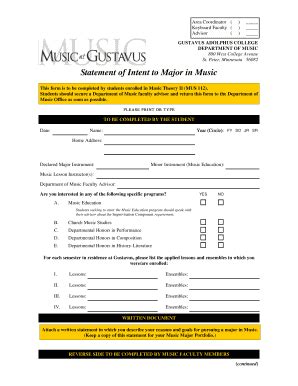 Fillable Online Gustavus Statement Of Intent To Major In Music