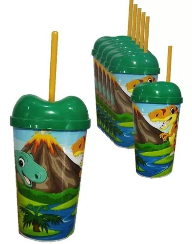 Vaso Pitillo Dinosaurio X12 Sorpresa Piñata Regalo Fiesta Cuotas sin