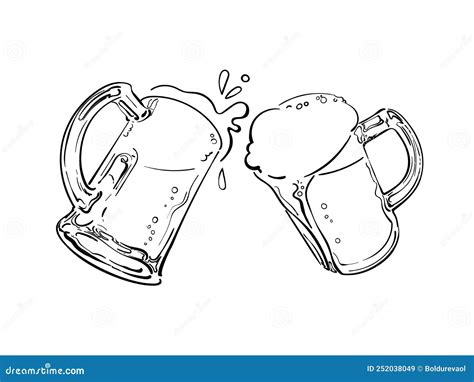 Sketch Of Two Toasting Beer Mugs And Barley Or Wheat Ear Vector Illustration Isolated On White