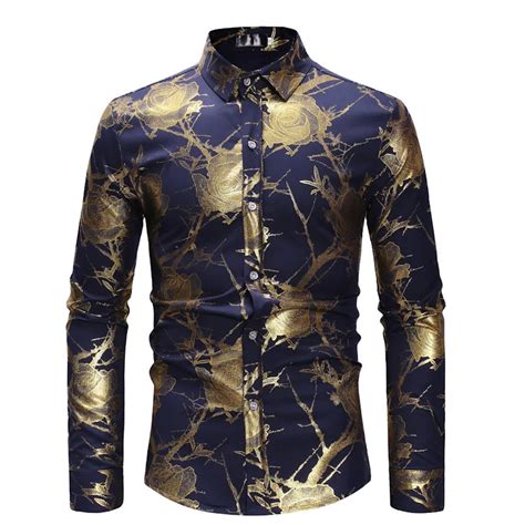 Mens Gold Floral Print Shirt 2019 Luxury Brand Slim Fit Long Sleeve Men