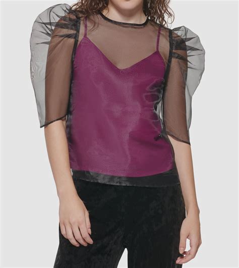 79 Dkny Womens Purple Black Sheer Puff Sleeve Camisole Top Blouse