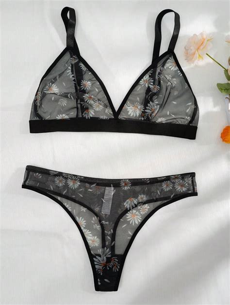 Plus Floral Print Mesh Lingerie Set Shein Usa