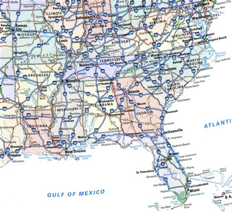 Map Of Southeast Region With Cities Town Interstate Highways Road Area Scheme Usa