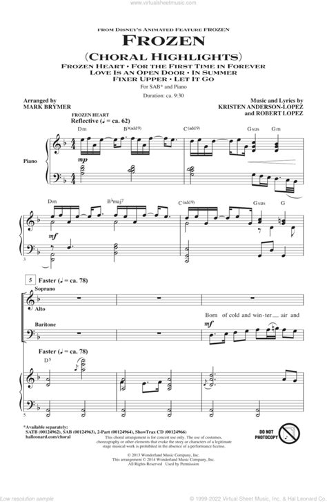 Frozen Choral Highlights Sheet Music For Choir Sab Soprano Alto Bass