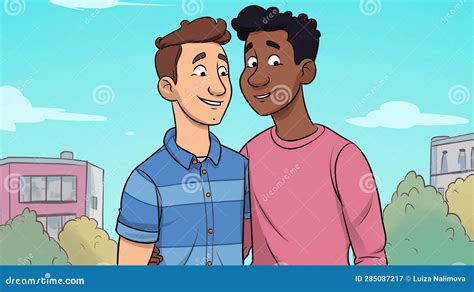 Portrait Cartoon Lgbt Young Male Couple Standing Concept Of Same Sex