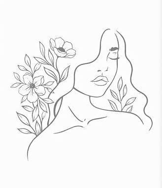 A Line Drawing Of A Woman With Flowers In Her Hair And Eyes Closed To