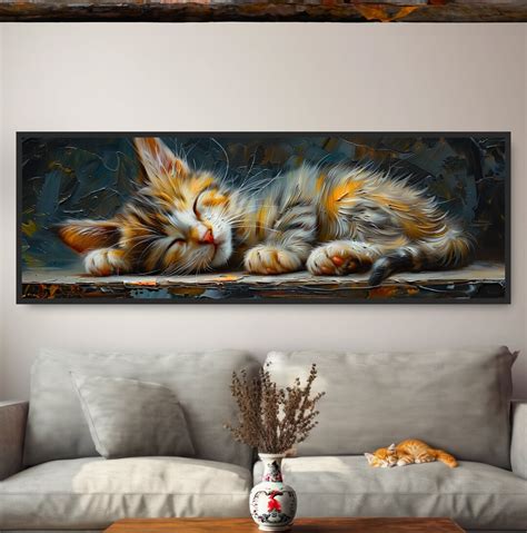 Cute Kitten Sleeping Oil Painting Print Adorable Tabby Cat Poster Or